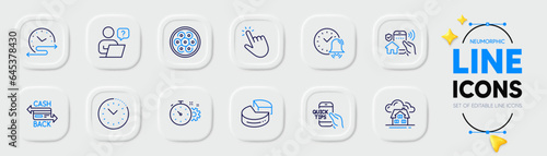 Cogwheel timer, Cursor and Alarm bell line icons for web app. Pack of Online question, Cable section, Building pictogram icons. Education, Pie chart, Time management signs. Cashback card. Vector