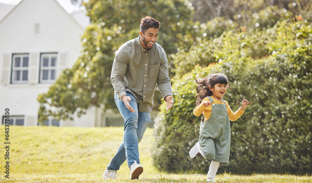 Fototapeta premium Happy, family running and garden of new home with love, support and fun with dad and kid. Backyard, smile and moving of game, father and young girl together with bonding outdoor and real estate