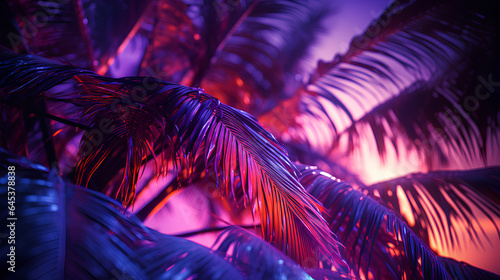 neon tropical palm leaves on the dark background. 