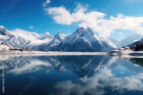 Snowy Peaks Reflected in Alpine Lake