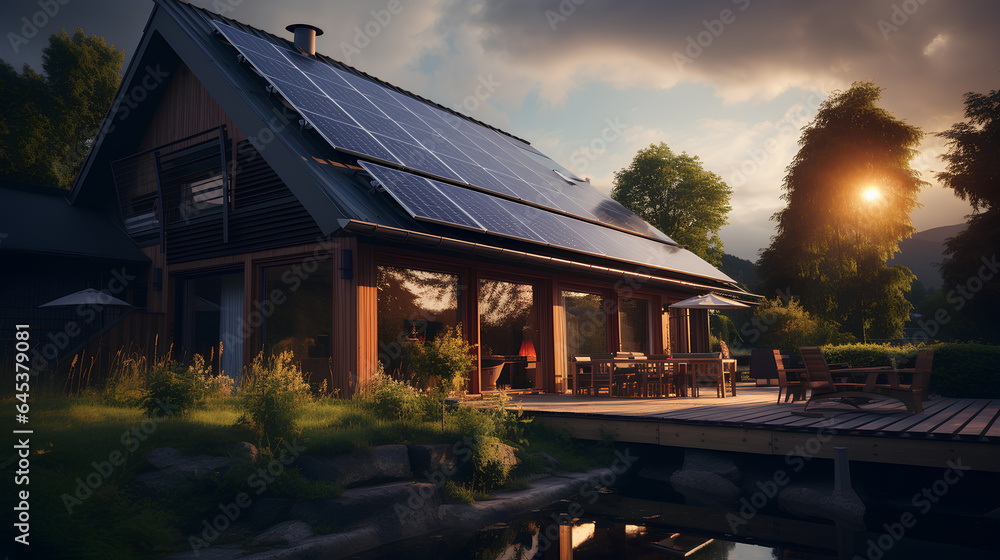 modern house  with solar panels on the roof - obrazy, fototapety, plakaty 