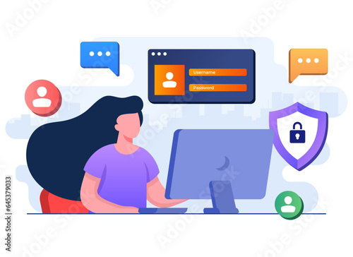 secure personal data using password protection, Cyber security, Network data security, confidential data protection, Setting strong password, Internet security, Information Privacy flat illustration