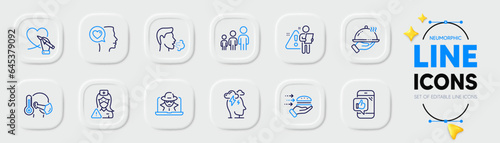 Mobile like, Fraud and Cough line icons for web app. Pack of Food delivery, Social care, Business hierarchy pictogram icons. Search employee, Restaurant food, Stress signs. Nurse. Vector