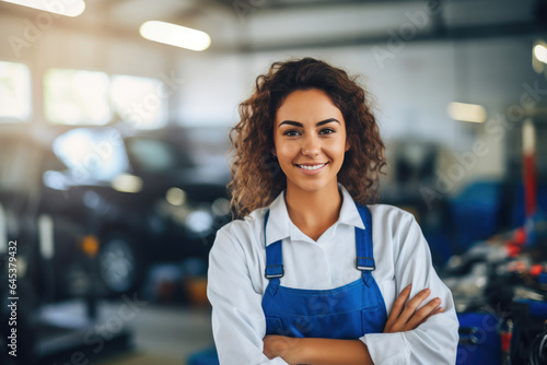 Confident Female Mechanic Repairing Car and Smiling