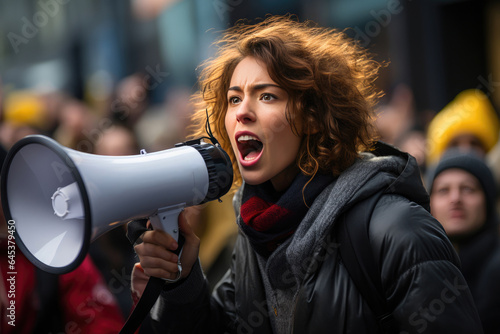 Determined Woman Activist Leading Strike with Megaphone