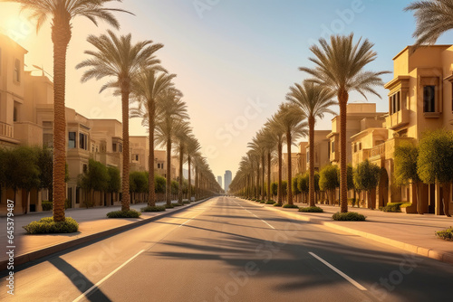Scenic Dubai: Palm Trees Along the Road © AIproduction