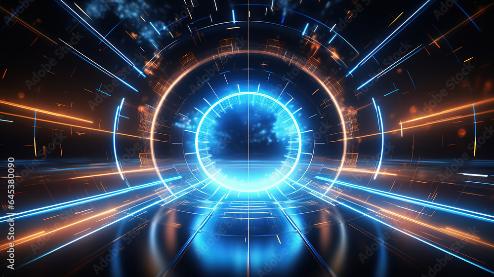 Fototapeta premium Futuristic HUD tunnel. Display screens for tech titles and background. Generative Ai