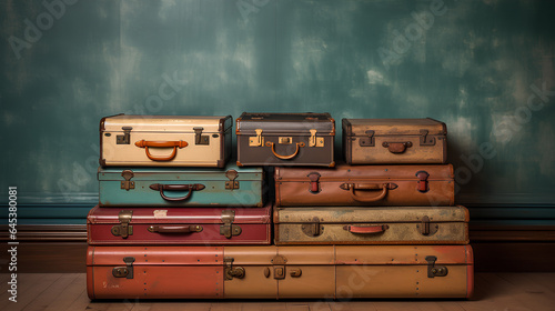 vintage suitcases on the wooden wall background