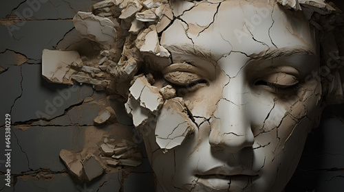 broken sculpture of woman head with plaster and cracks.
