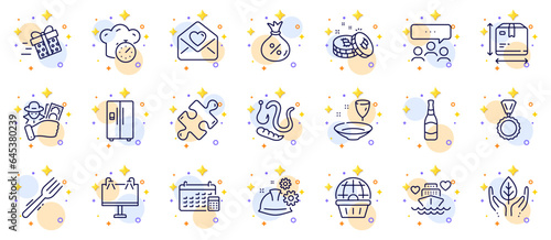Outline set of Online shopping, Loan and Beer bottle line icons for web app. Include Working process, Love letter, Fair trade pictogram icons. Meeting, Honeymoon cruise, Fork signs. Vector