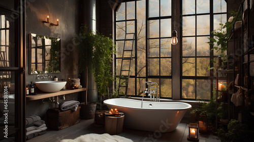 interior design of bathroom in dark tones with bathtub