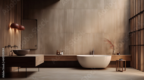 modern bathroom with a wooden floor.