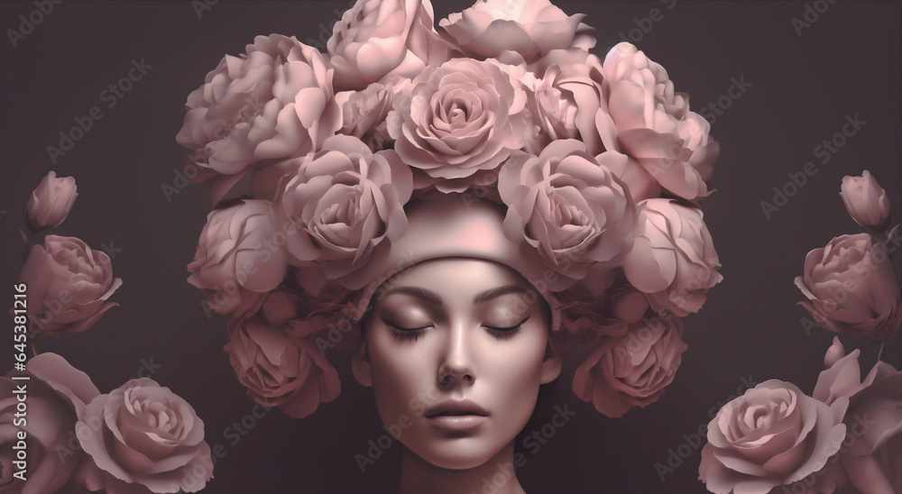 art woman fashion peony rose beauty flower trendy abstract lady face. Generative AI.