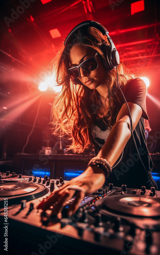 Disc jockey woman at the turntable at nightclub during party