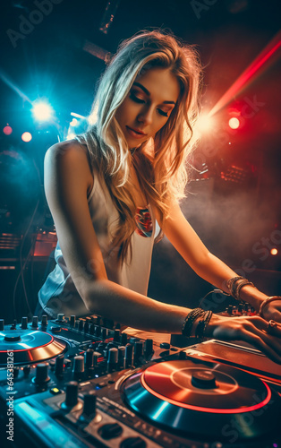 Disc jockey woman at the turntable at nightclub during party