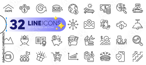 Outline set of Flight destination, Yoga mind and Swipe up line icons for web with Ceiling lamp, Global business, Gift thin icon. Lounger, Line chart, Leadership pictogram icon. Vector