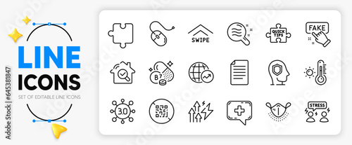 Quick tips, Biotin vitamin and Qr code line icons set for app include Medical mask, World statistics, Swipe up outline thin icon. Puzzle, Inspect, Skin condition pictogram icon. Vector