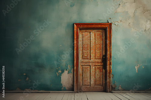 old wooden door with a grunge wall. 