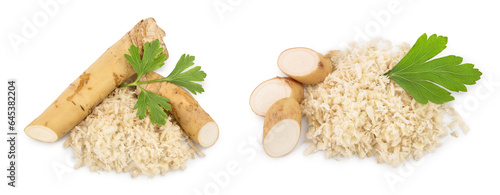 Horseradish root with slices grated pile and parsley isolated on white background