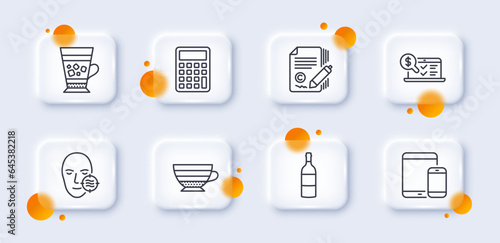 Mobile devices, Cappuccino and Copywriting line icons pack. 3d glass buttons with blurred circles. Problem skin, Calculator, Wine bottle web icon. Online accounting, Frappe pictogram. Vector