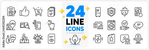 Icons set of Speaker, View document and Card line icons pack for app with Handout, Communication, Dryer machine thin outline icon. Rfp, Gas station, Text message pictogram. Eye detect. Vector