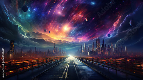 Science fiction road at night with colorful rainbow sky  with digital concept art. Generative Ai