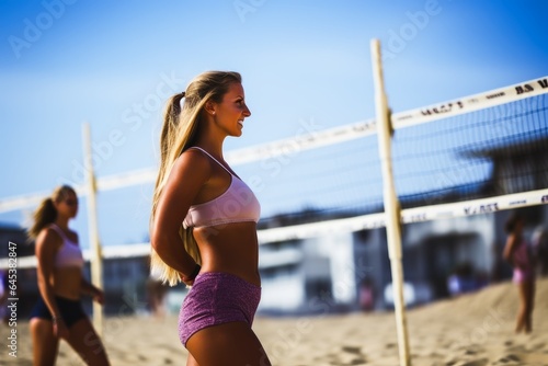 Attractive women playing beach volleyball on a sunny day.