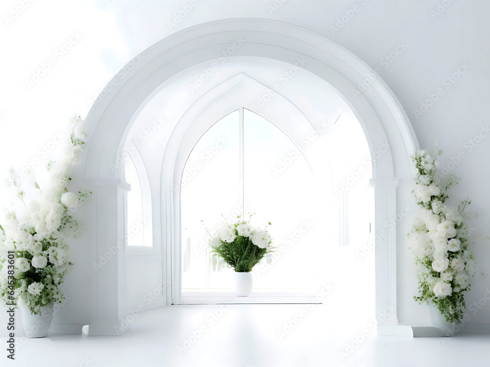 White room with arch and flowers in the wall