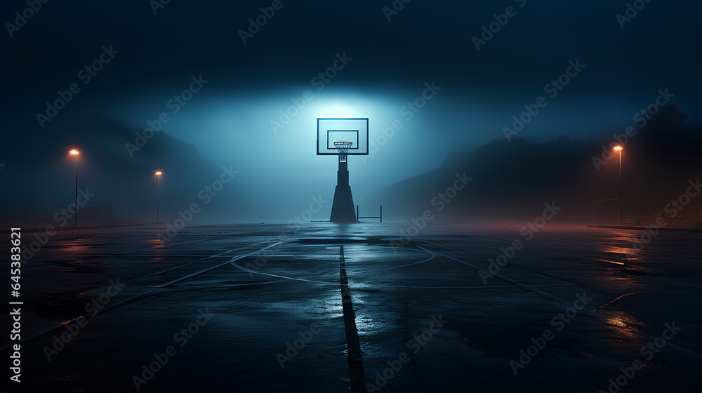 empty basketball court in night city.  - obrazy, fototapety, plakaty 