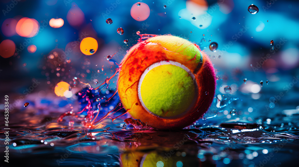 tennis ball with colorful drops in the background