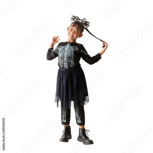 Happy asian little girl wear Halloween costume and standing dancing posing full body portrait, isolated on white and transparent background