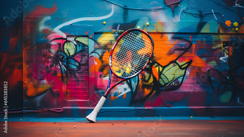 tennis racket  on a graffiti wall background