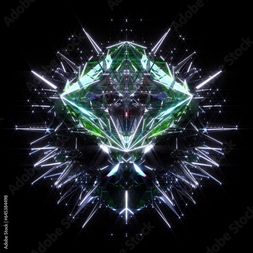 3d render of abstract art with surreal alien secret box or fractal cubical mechanism with sharp spikes in wire structure in glass plastic in emerald green blue white light inside on black background
