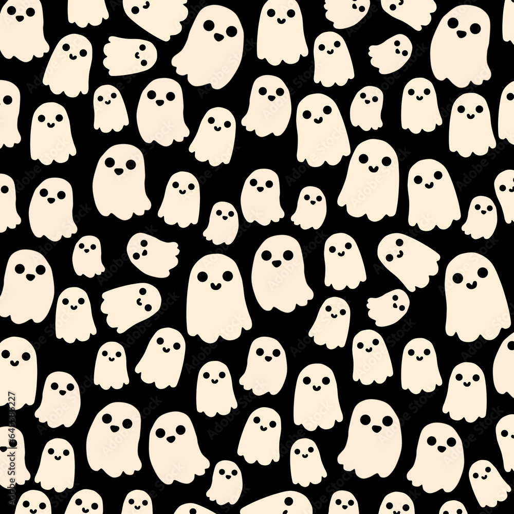 Obraz premium Cute halloween ghost seamless pattern repeat background. Spooky halloween texture for textile, wrapping paper, cover, background, wallpaper, surface, web design.