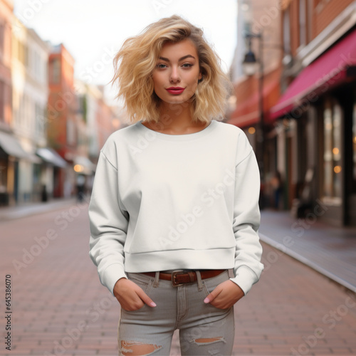 mockup for Women's Cropped Fleece Pullover, the pullover is white and is being worn by a woman wearing high waisted skinny jeans, the background is a street.