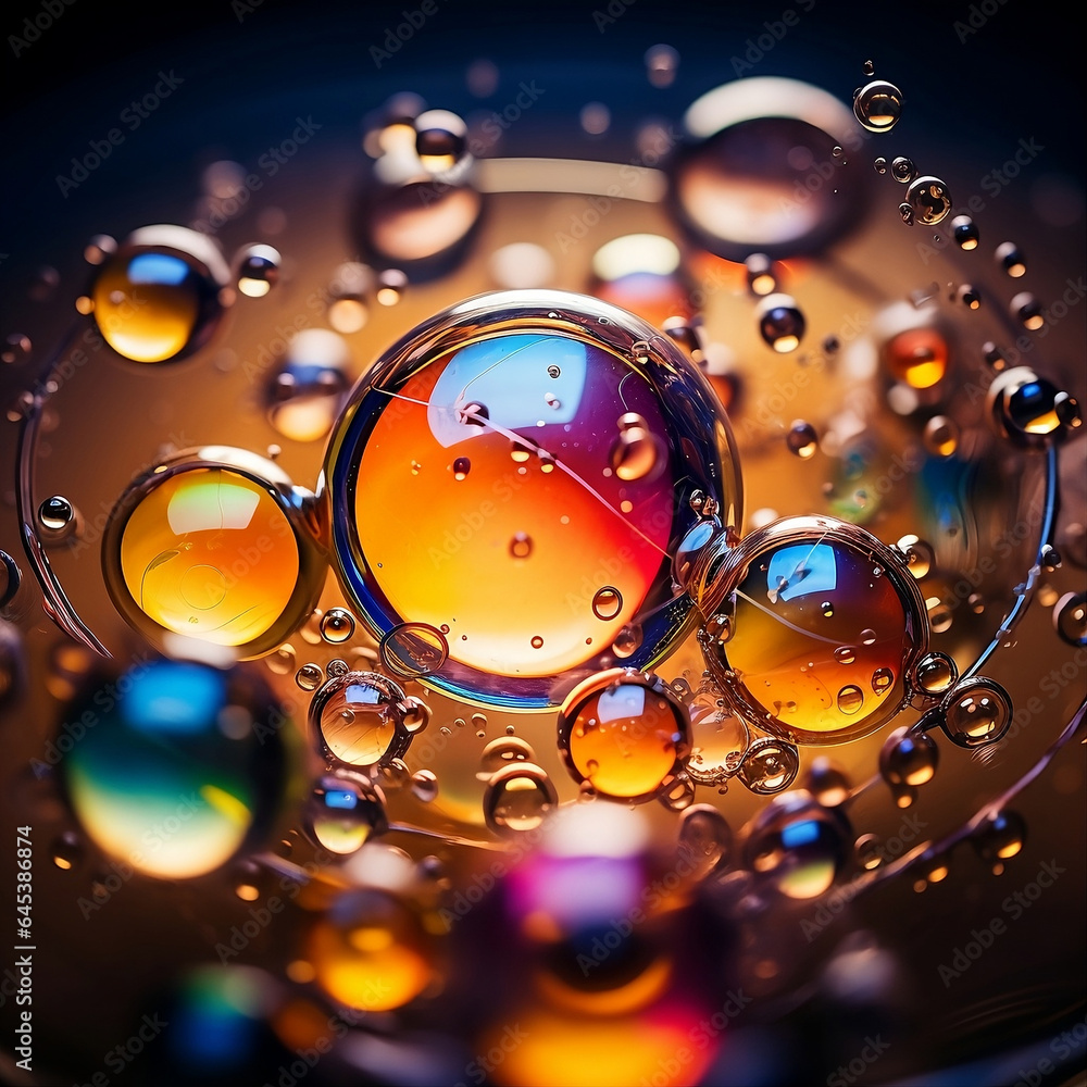 Arresting Macro Photograph of Floating Oil Bubbles Resembling Cosmic Dance Against Dark Moody Background.
