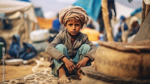 Generative ai  A Yemeni child sitting cry in a camp for displaced people fleeing the war in the Yemeni city of Taiz