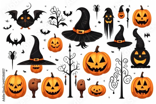 icon sets of halloween on white background. explore a spooky halloween world with icons like pumpkins, ghosts, witches, and skeletons on a white backdrop. perfect for your festive photo