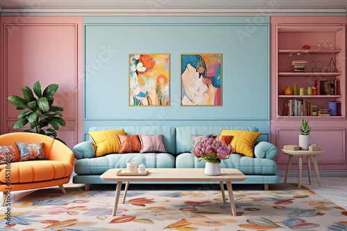 Modern interior. Vibrant pastel girly living room, cozy blue couch, pastel pillows and colorful painting at walls. Generative AI. photo