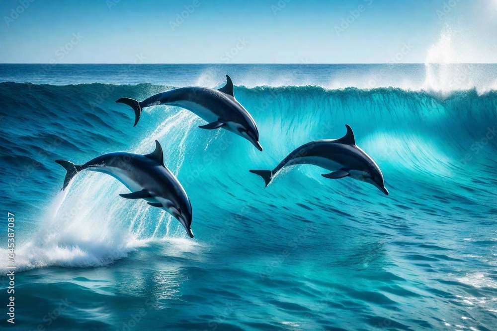 Fototapeta premium Energetic Dolphins Leaping through Crashing Waves