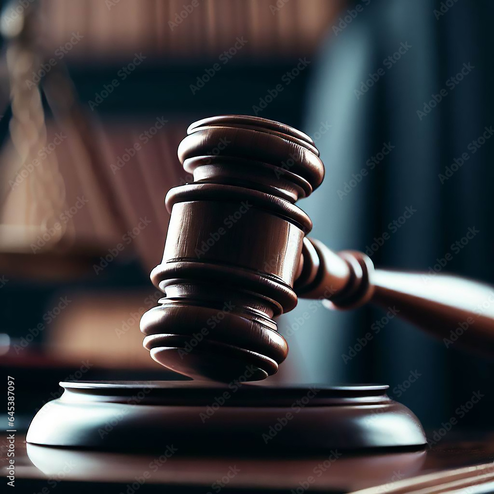 Closeup of a gavel resting on a judge's desk, symbolizing the