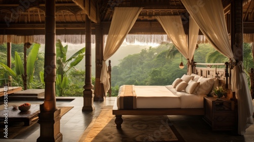 A bamboo-accented room featuring a canopy bed  overlooking lush rice terraces and distand temples  Bali  Indonesia  Concept  Travel the world  16 9