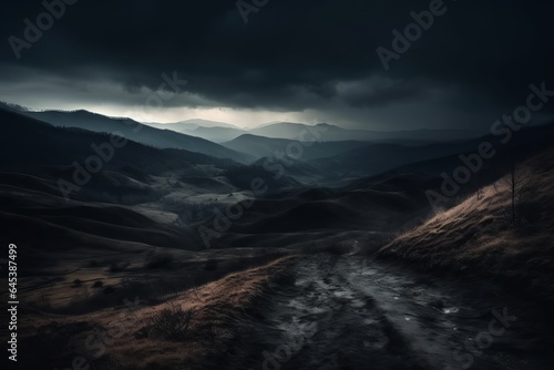 A majestic mountain landscape under a dramatic dark sky