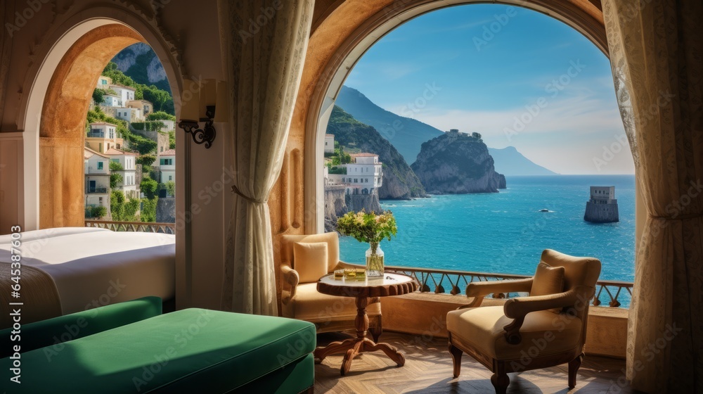 Fototapeta premium A room with a rustic charm, featuring a large window framing the dramatic amalfi coastline and turquoise waters in Italy, 16:9, Concept: Travel the World