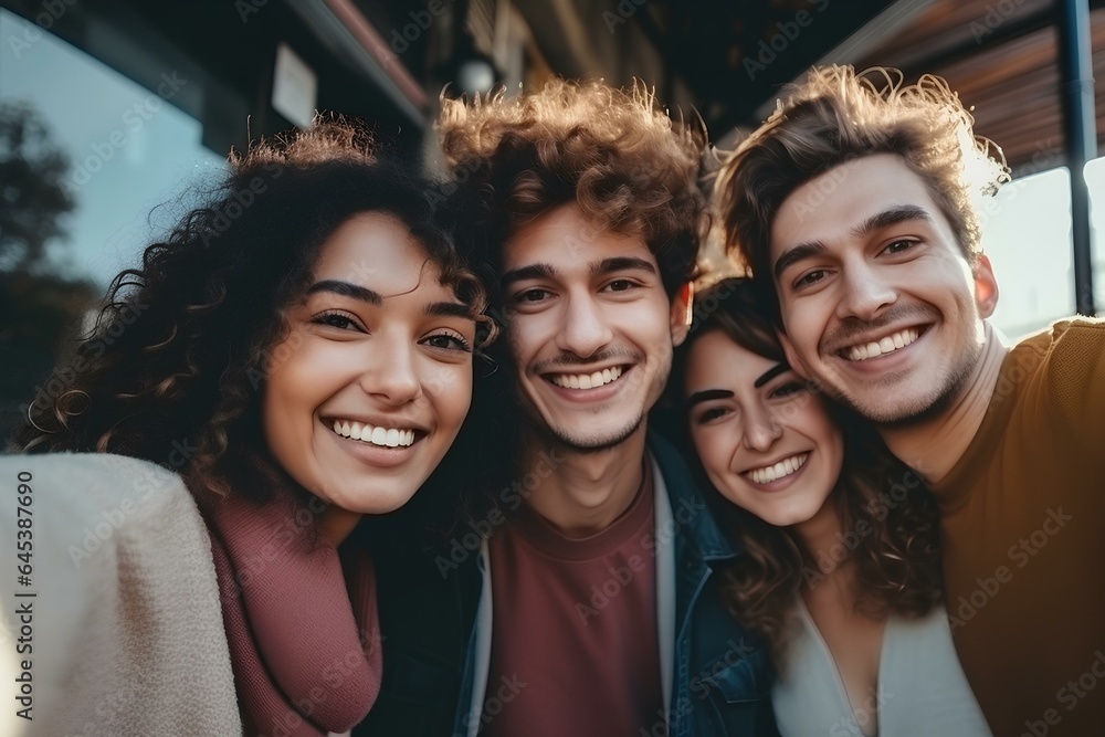 Multicultural group of friends taking selfie picture outside, Happy young people smiling at camera together. Friendship concept in city street. generative AI Multicultural group of friends taking selfie picture outside, Happy young people smiling at camera together. Friendship concept in city street. generative AI