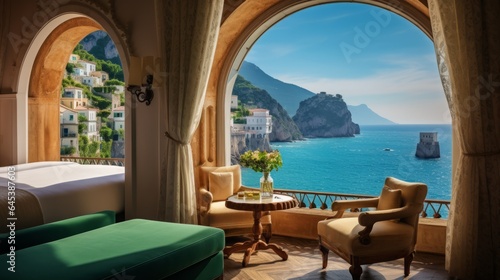 A room with a rustic charm, featuring a large window framing the dramatic amalfi coastline and turquoise waters in Italy, 16:9, Concept: Travel the World © Christian