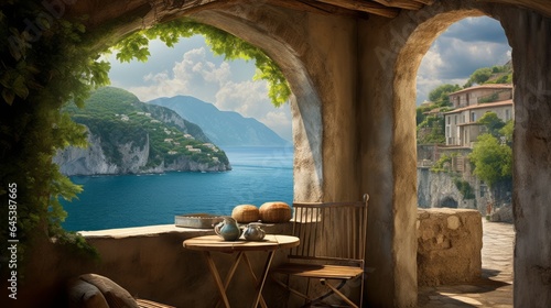 A room with a rustic charm, featuring a large window framing the dramatic amalfi coastline and turquoise waters in Italy, 16:9, Concept: Travel the World