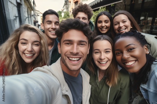 Multicultural group of friends taking selfie picture outside  Happy young people smiling at camera together. Friendship concept in city street. generative AI