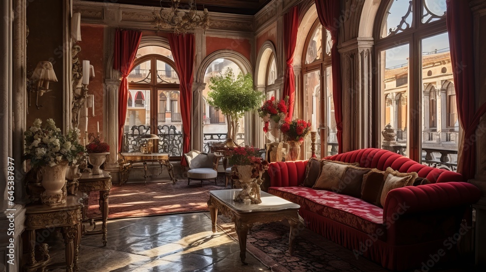 An elegant room with venetian style decor, featuring a window overlooking the winding canal, Italy, Venice, 16:9