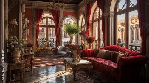 An elegant room with venetian style decor  featuring a window overlooking the winding canal  Italy  Venice  16 9